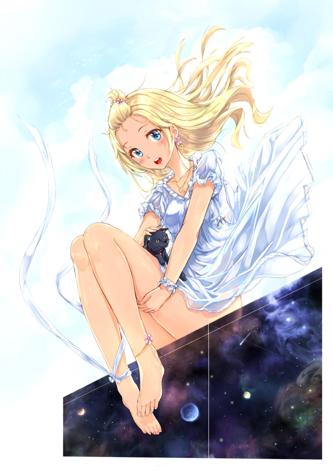 dress, kazeno, neko, nopan, see_through, skirt_lift