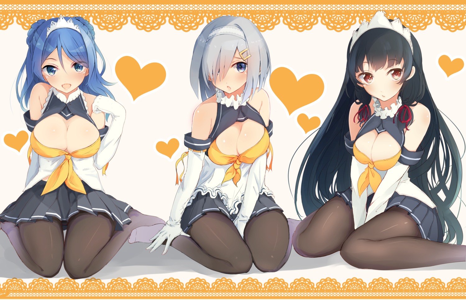 breast_hold, cleavage, hamakaze_(kancolle), isokaze_(kancolle), kantai_collection, maid, pantyhose, tbd11, urakaze_(kancolle)