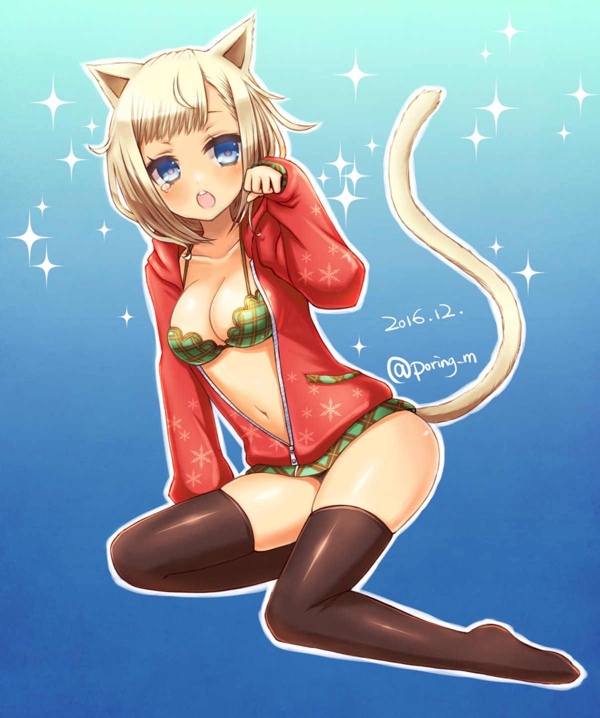 animal_ears, bra, cleavage, miyamae_porin, nekomimi, open_shirt, tail, thighhighs