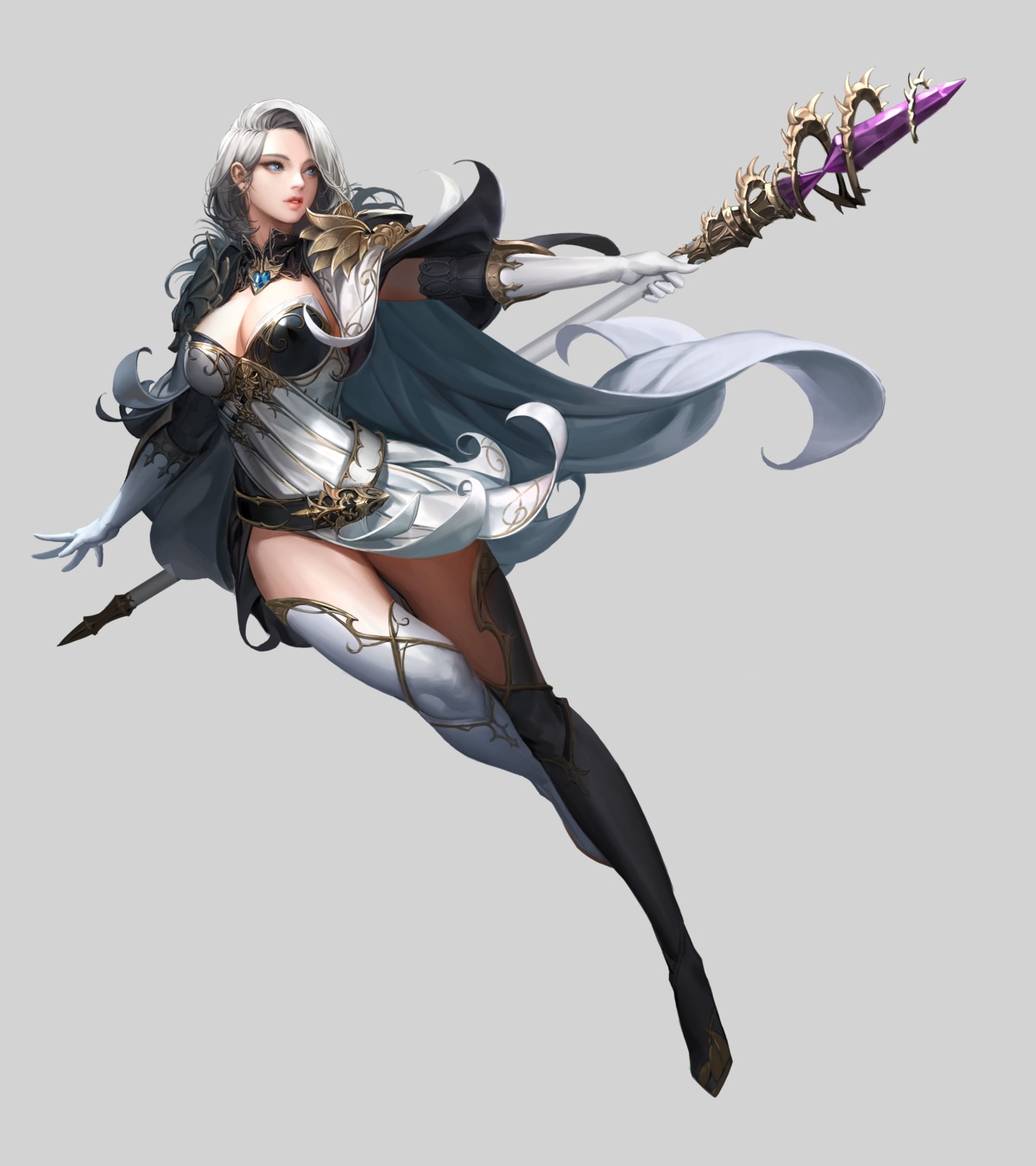 armor, cleavage, daeho_cha, dress, thighhighs, weapon
