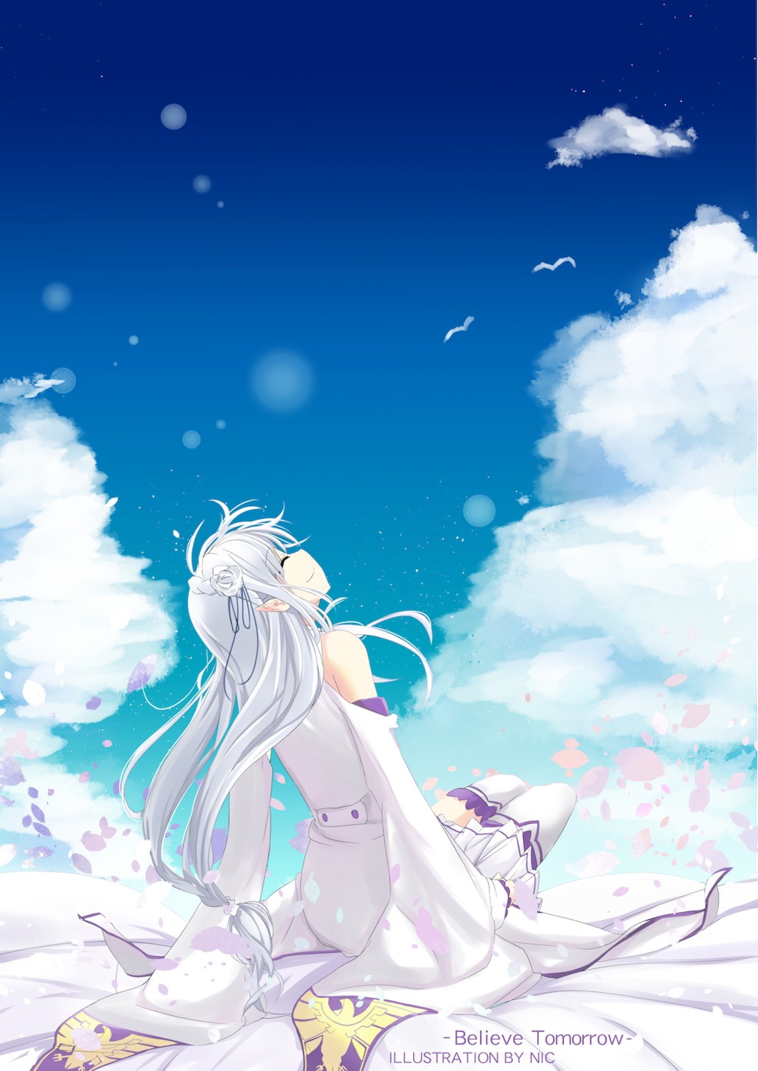 comicsnic, dress, elf, emilia_(re_zero), pointy_ears, re:zero_kara_hajimeru_isekai_seikatsu, thighhighs