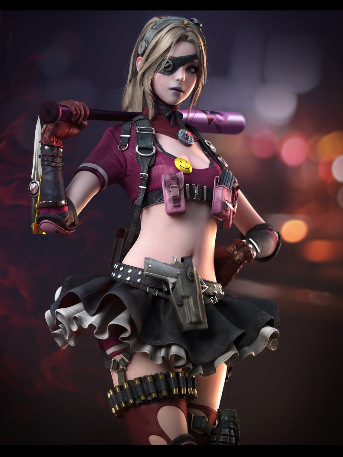 bra, cg, cleavage, crossfire, eyepatch, gun, subject_alpha, tagme, thighhighs, torn_clothes, weapon