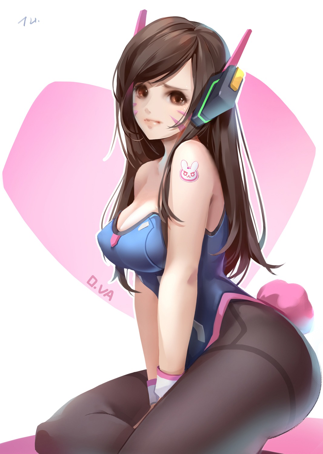 bunny_girl, cleavage, d.va, headphones, overwatch, pantyhose, tail, tattoo