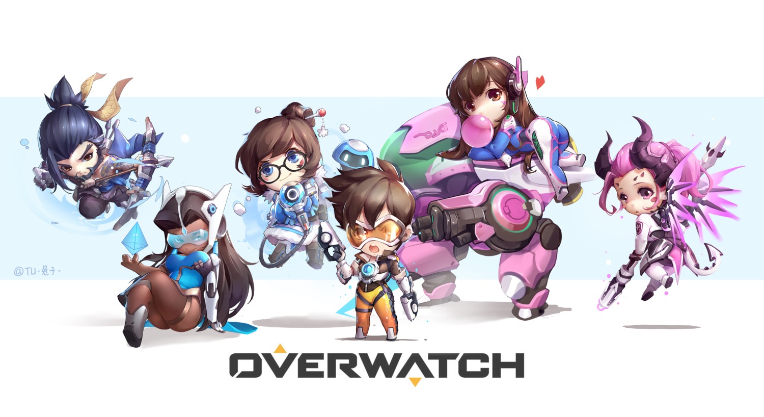 ass, bodysuit, chibi, d.va, gun, hanzo_(overwatch), horns, mecha