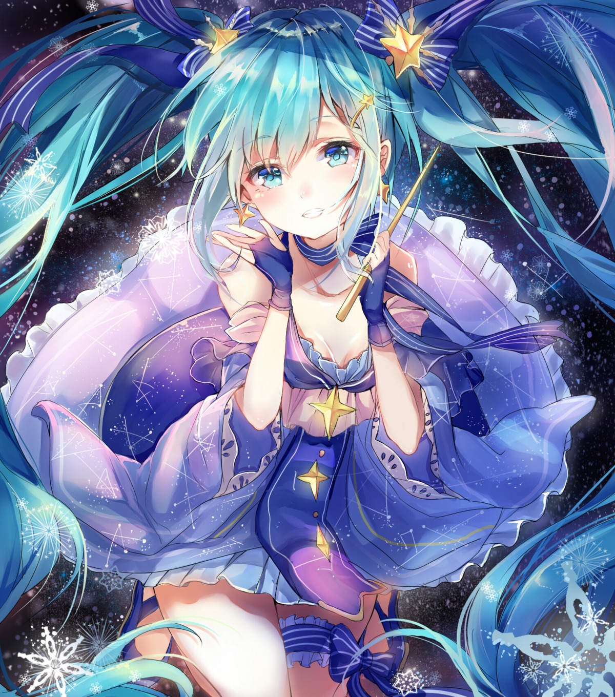 cleavage, dress, garter, hatsune_miku, takitou, vocaloid, yuki_miku