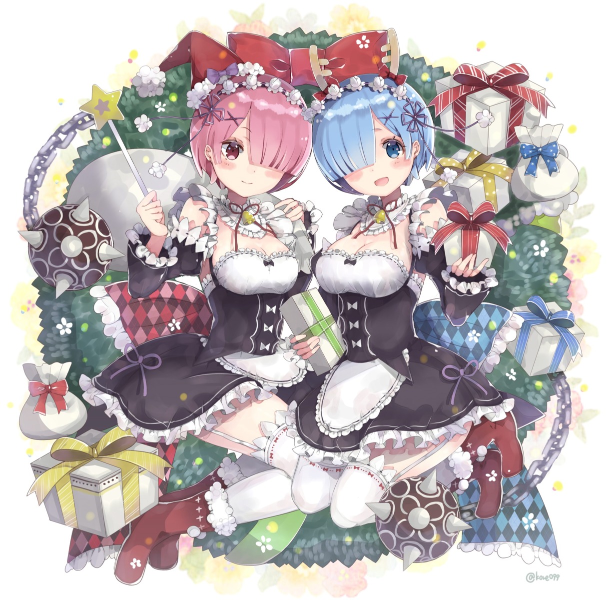 christmas, cleavage, kyou_hotaru, maid, ram_(re_zero), re:zero_kara_hajimeru_isekai_seikatsu, rem_(re_zero), stockings