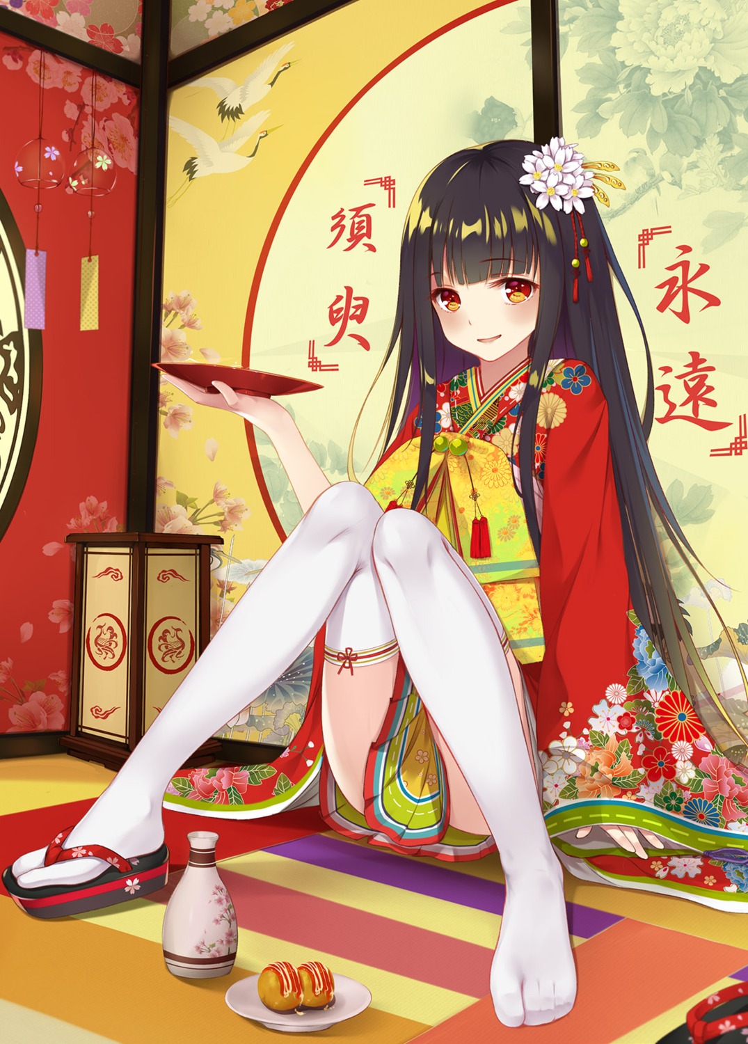 feet, flan_(seeyouflan), houraisan_kaguya, kimono, thighhighs, touhou