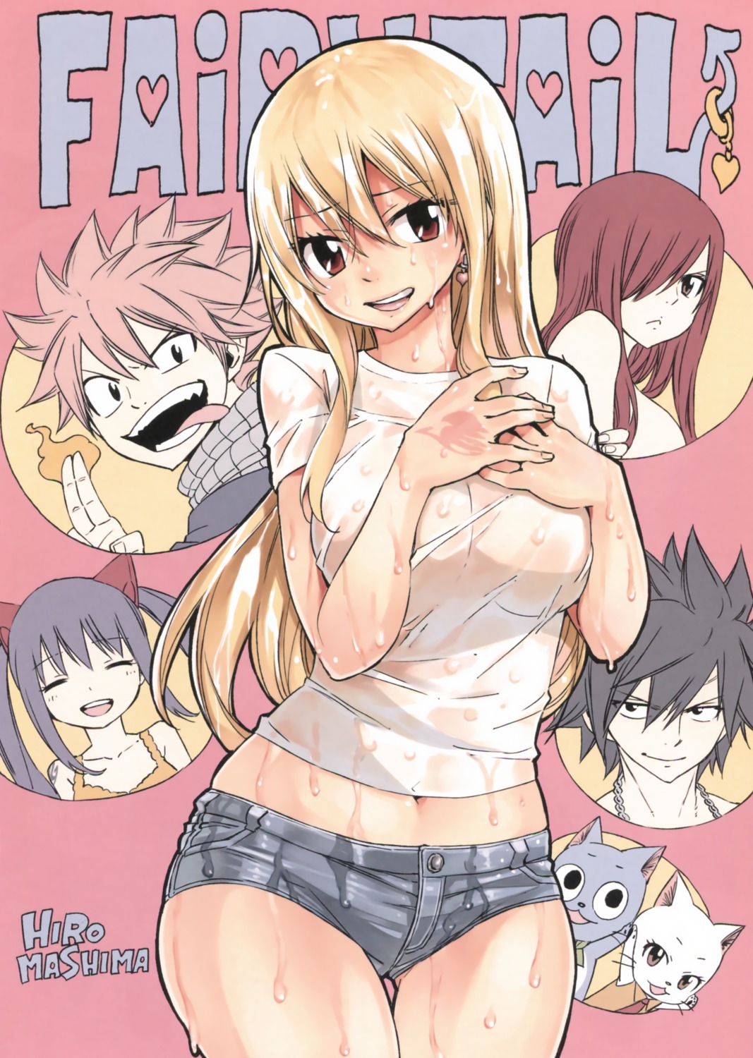 breast_hold, charle, erza_scarlet, fairy_tail, gray_fullbuster, happy_(fairy_tail), lucy_heartfilia, mashima_hiro, naked, natsu_dragneel, neko, no_bra, see_through, tattoo, wendy_marvell, wet, wet_clothes