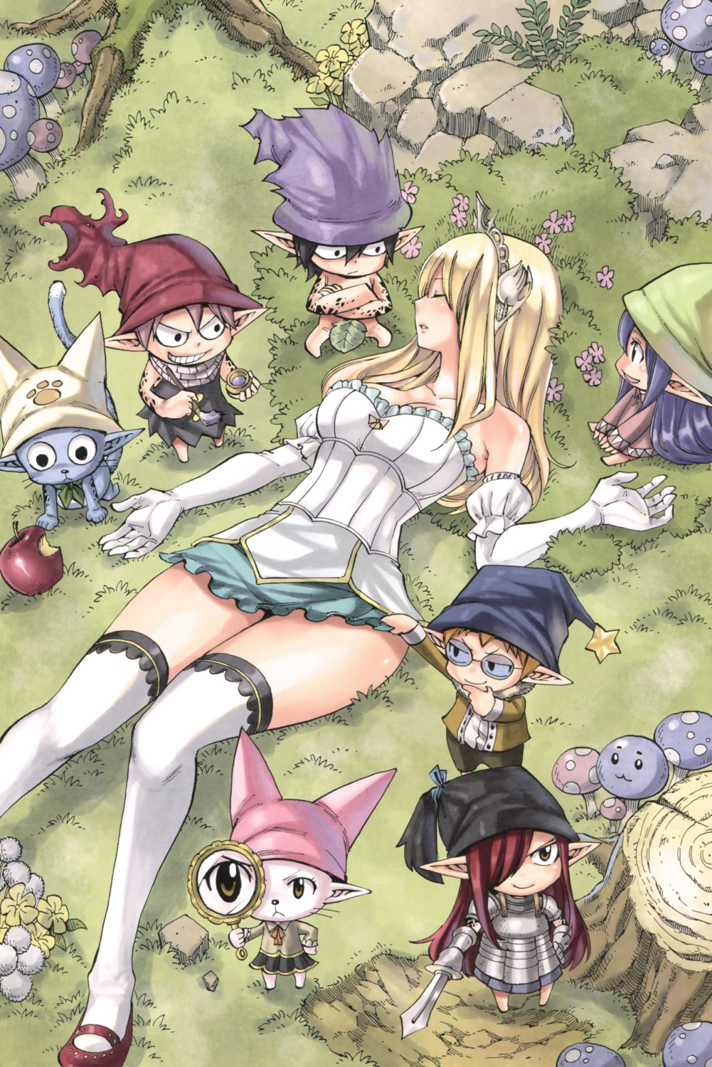 armor, charle, chibi, cleavage, dress, erza_scarlet, fairy_tail, gray_fullbuster, happy_(fairy_tail), loke, lucy_heartfilia, mashima_hiro, megane, naked, natsu_dragneel, neko, pointy_ears, skirt_lift, sword, thighhighs, torn_clothes, wendy_marvell