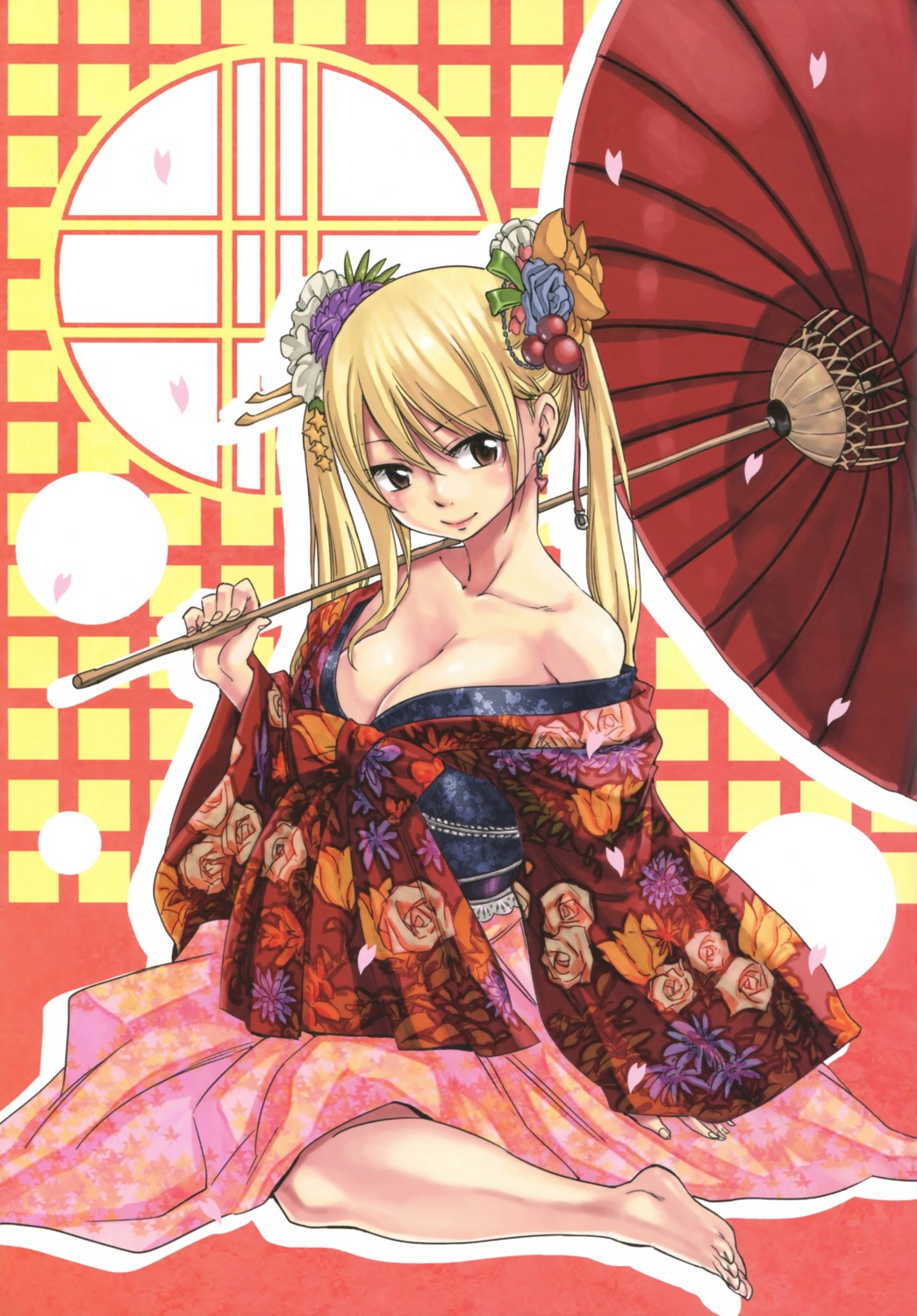 cleavage, fairy_tail, japanese_clothes, lucy_heartfilia, mashima_hiro, open_shirt, umbrella