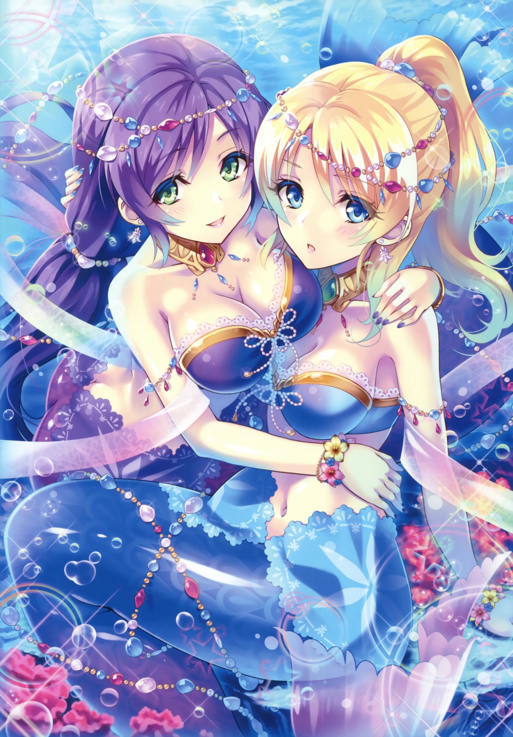ayase_eli, bikini_top, cleavage, love_live!, love_live!_(series), mermaid, monster_girl, swimsuits, tail, toujou_nozomi, urabi, wet