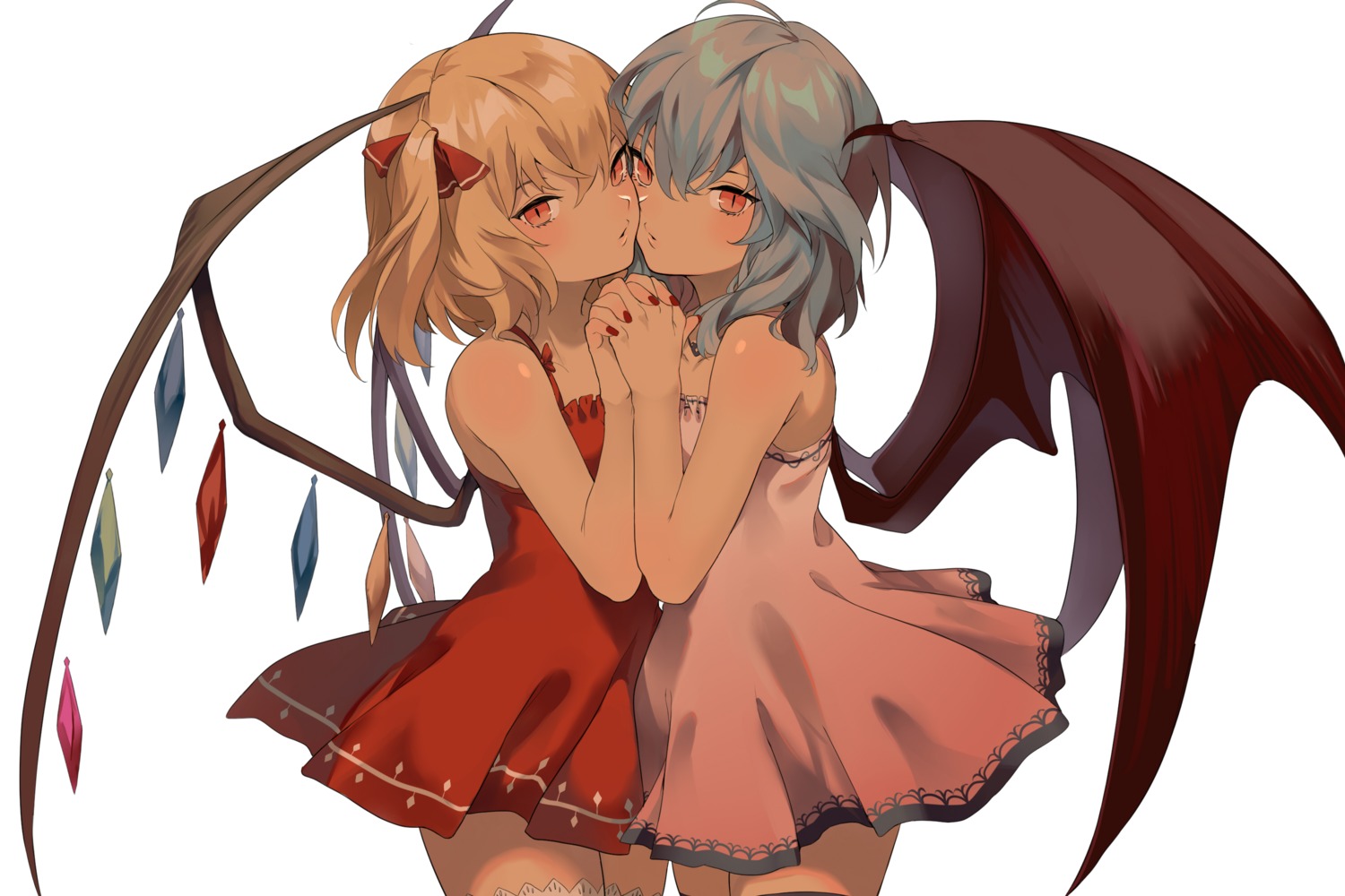 dress, eredhen, flandre_scarlet, remilia_scarlet, symmetrical_docking, touhou, wings, yuri