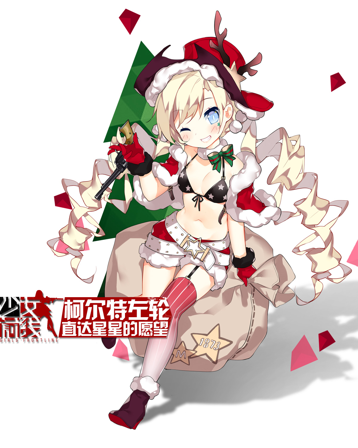 bikini_top, christmas, cleavage, colt_revolver_(girls_frontline), girls_frontline, gun, heels, saru, stockings, swimsuits, thighhighs