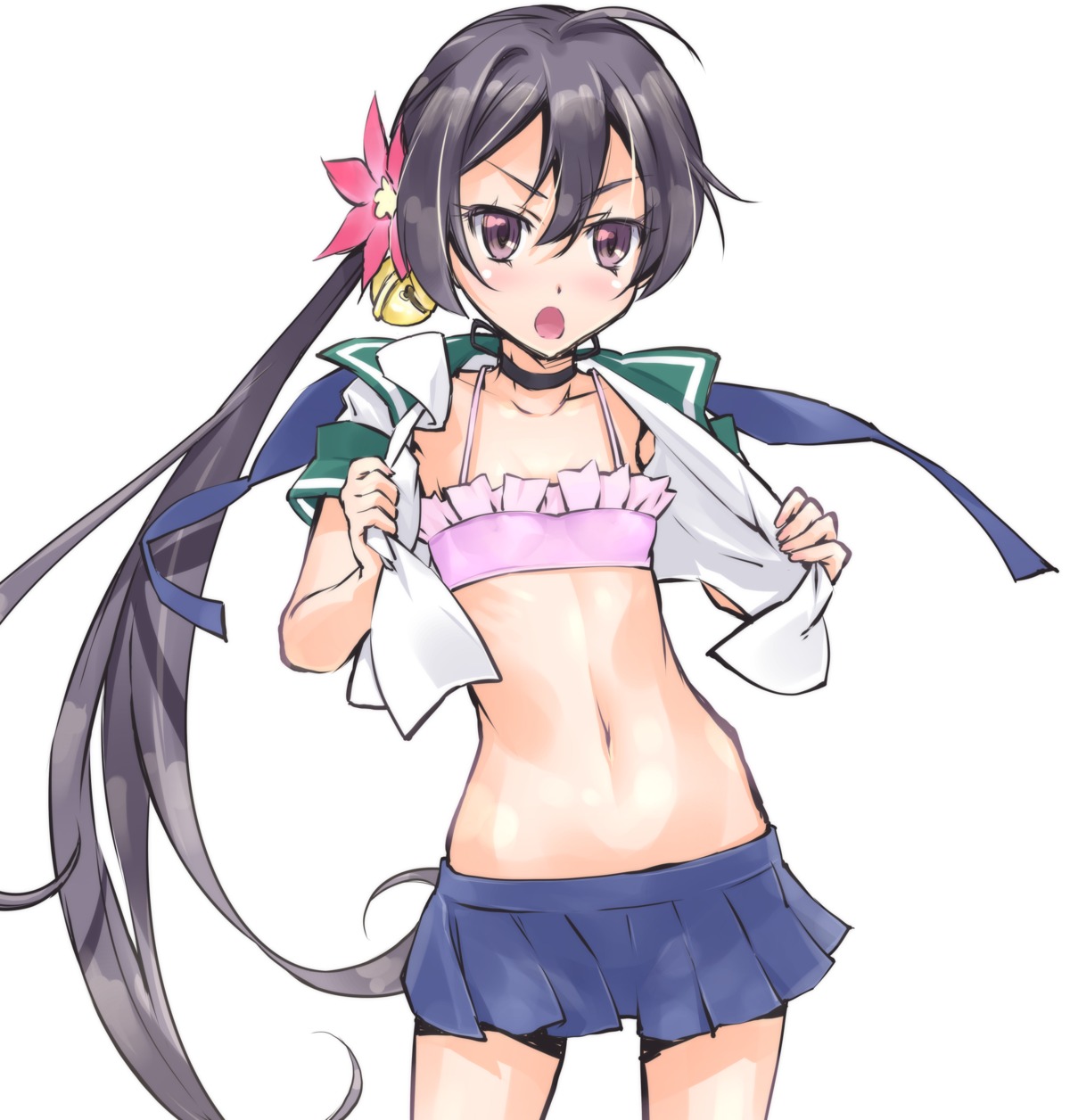 akebono_(kancolle), bike_shorts, bikini_top, kantai_collection, open_shirt, seifuku, suzuki24, swimsuits