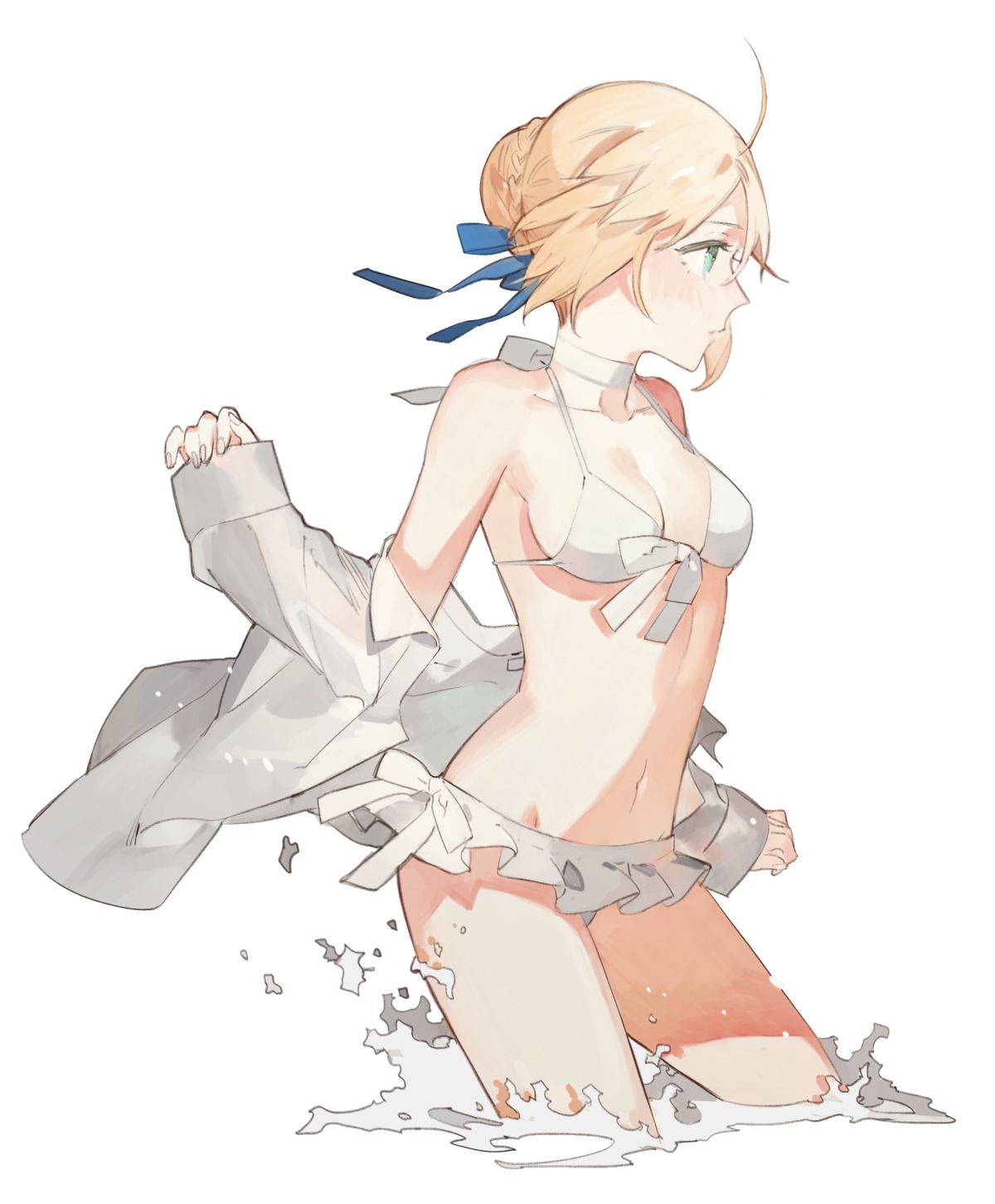 artoria_pendragon_(fate), bikini, cleavage, fate/grand_order, open_shirt, starshadowmagician, swimsuits, wet
