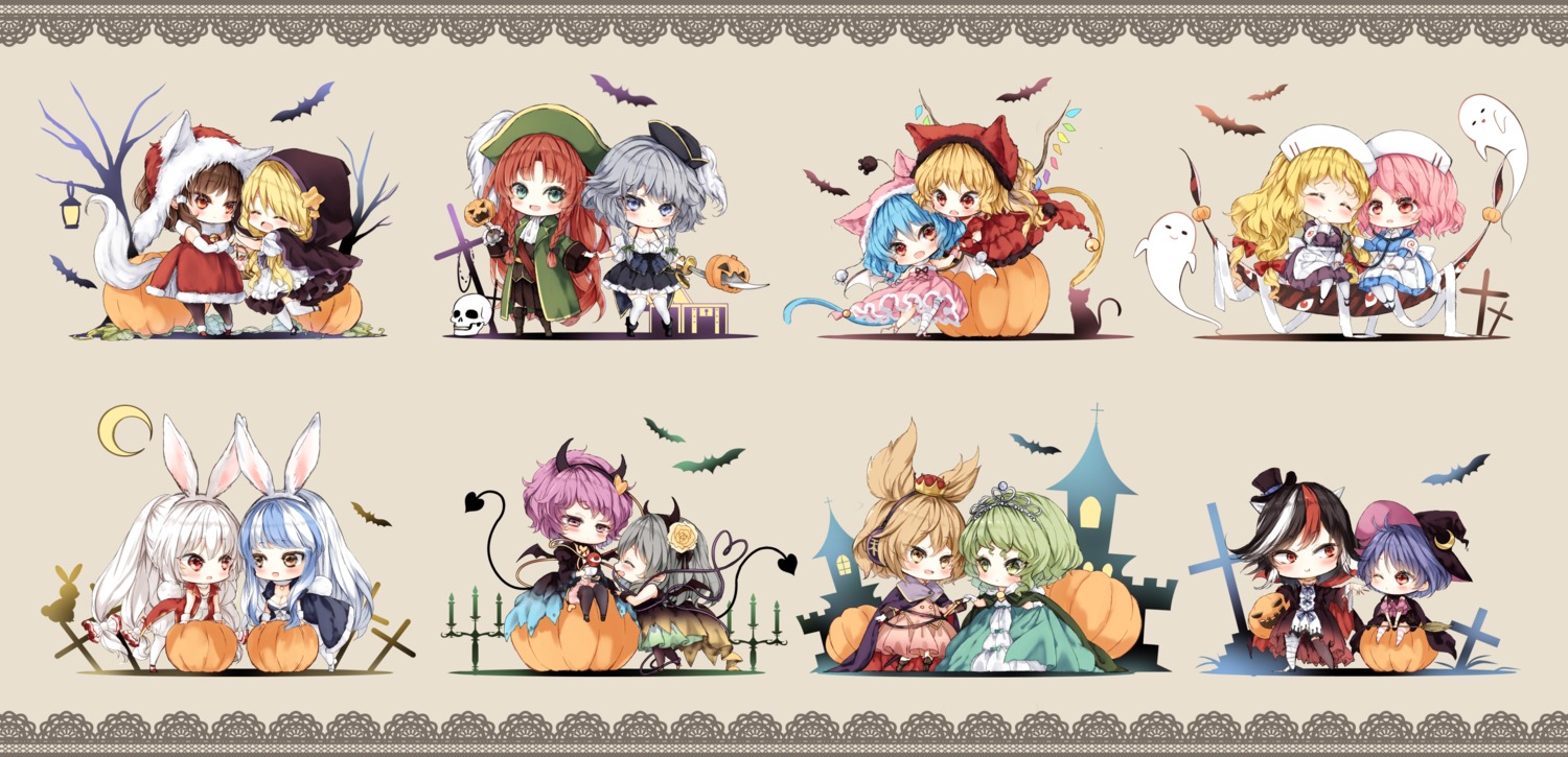 animal_ears, bandages, bunny_ears, chibi, dress, flandre_scarlet, fujiwara_no_mokou, hakurei_reimu, halloween, hong_meiling, horns, izayoi_sakuya, kamishirasawa_keine, kijin_seija, kirisame_marisa, komeiji_koishi, komeiji_satori, pantyhose, piyokichi, remilia_scarlet, saigyouji_yuyuko, soga_no_tojiko, sukuna_shinmyoumaru, tail, thighhighs, touhou, toyosatomimi_no_miko, wings, witch, yakumo_yukari