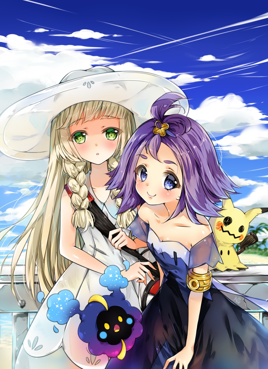 acerola_(pokemon), breasts, cosmog, dress, lillie_(pokemon), mimikyu, nia_(leafunia), pokemon