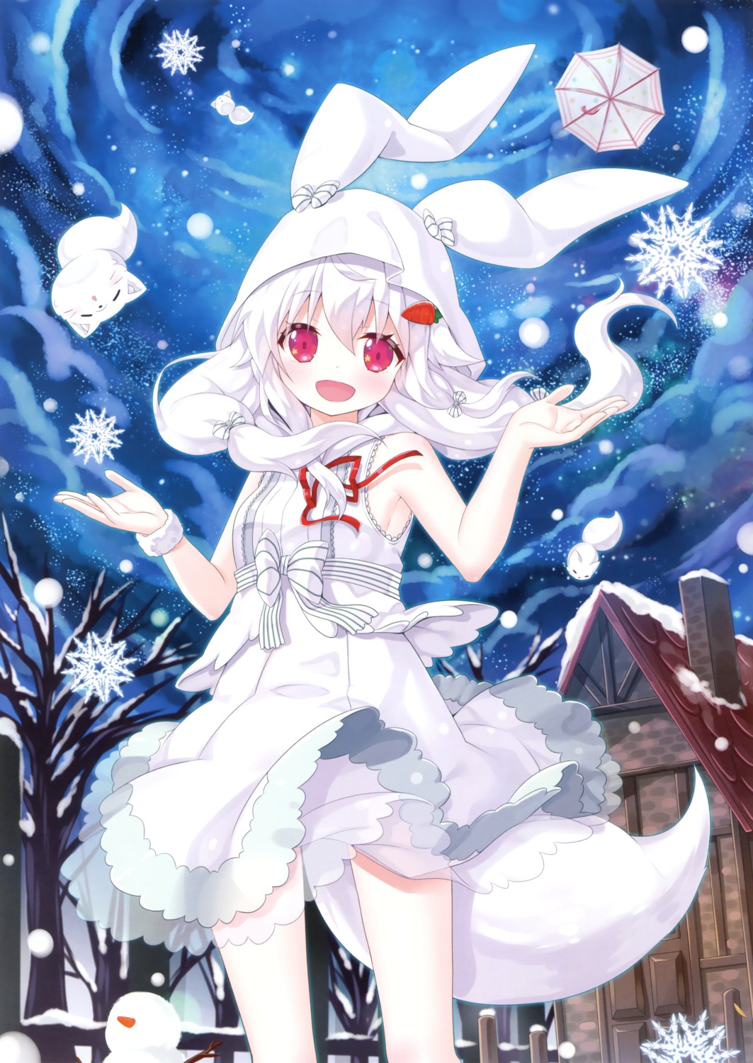 animal_ears, bunny_ears, dress, kitsune, kyaruru, see_through, skirt_lift, tail, yano_mitsuki