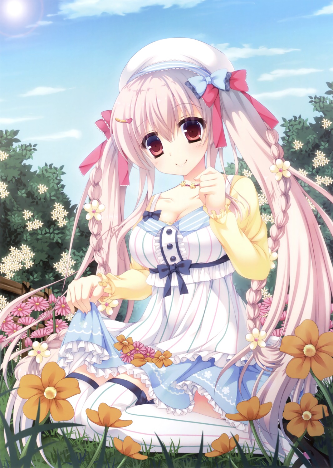 cleavage, dress, furukawa_lemon, skirt_lift, thighhighs
