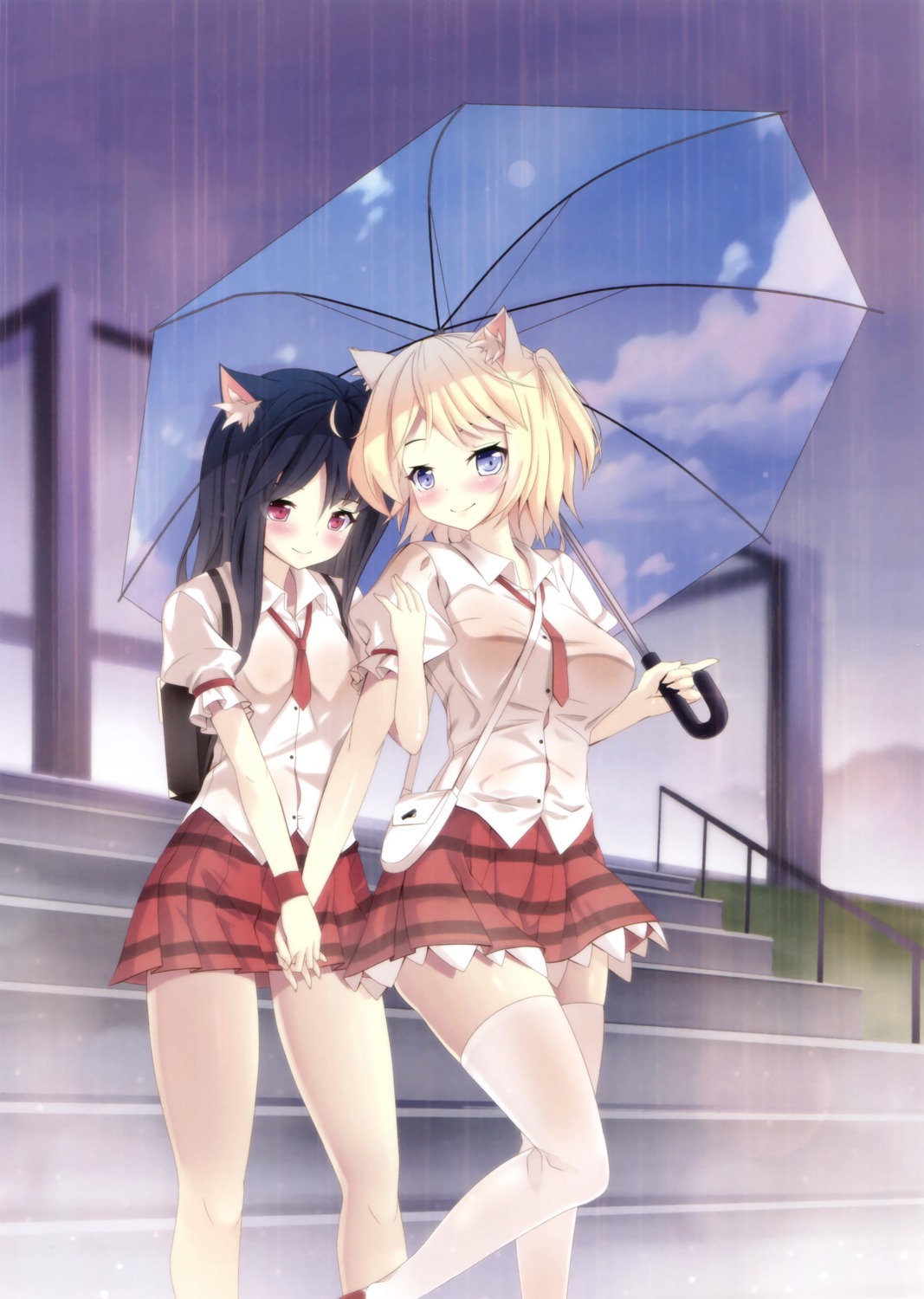 animal_ears, natsumiya_yuzu, nekomimi, seifuku, thighhighs, umbrella, yuri
