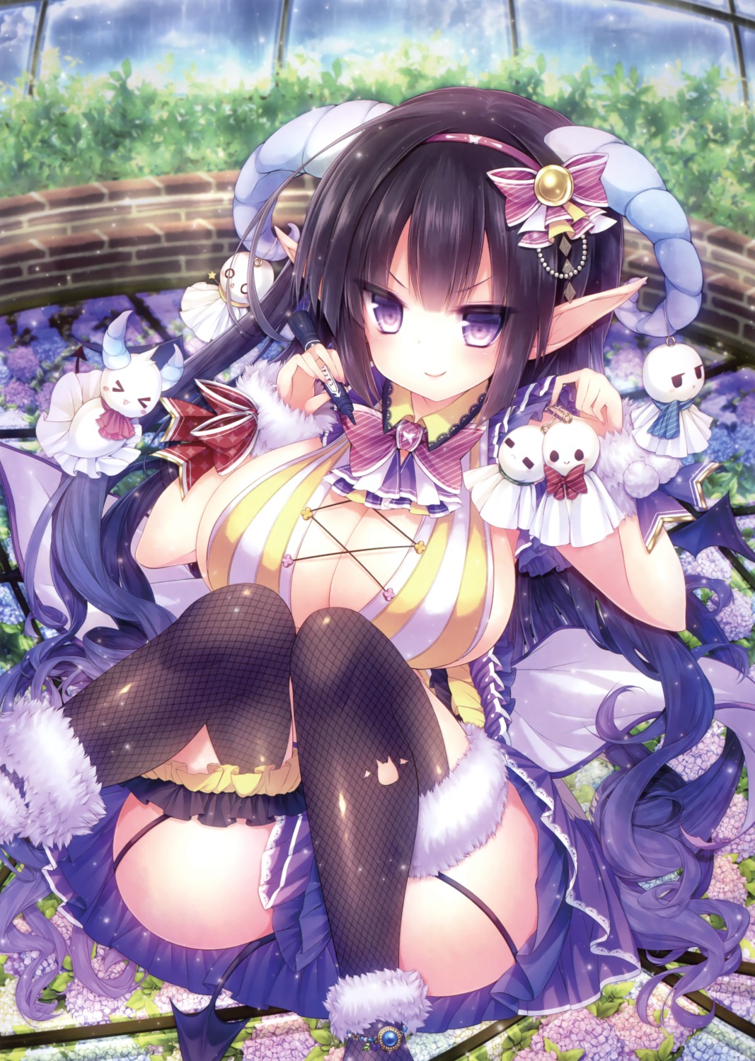 devil, fishnets, garter, horns, kabocha_usagi, pointy_ears, skirt_lift, stockings, tail, thighhighs, wings