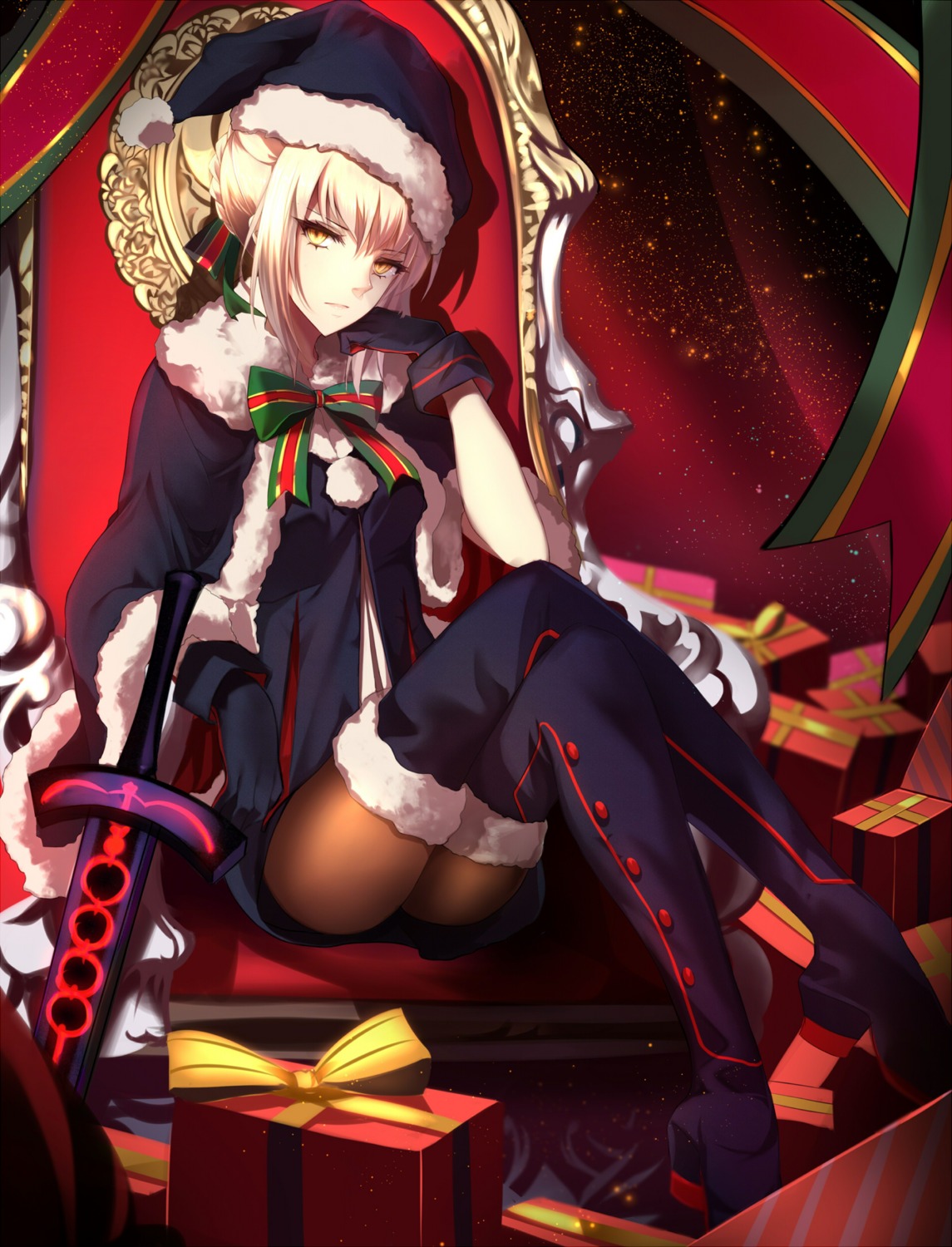 artoria_pendragon_(fate), artoria_pendragon_alter_(fate), christmas, fate/grand_order, heels, pantyhose, shiguru, sword