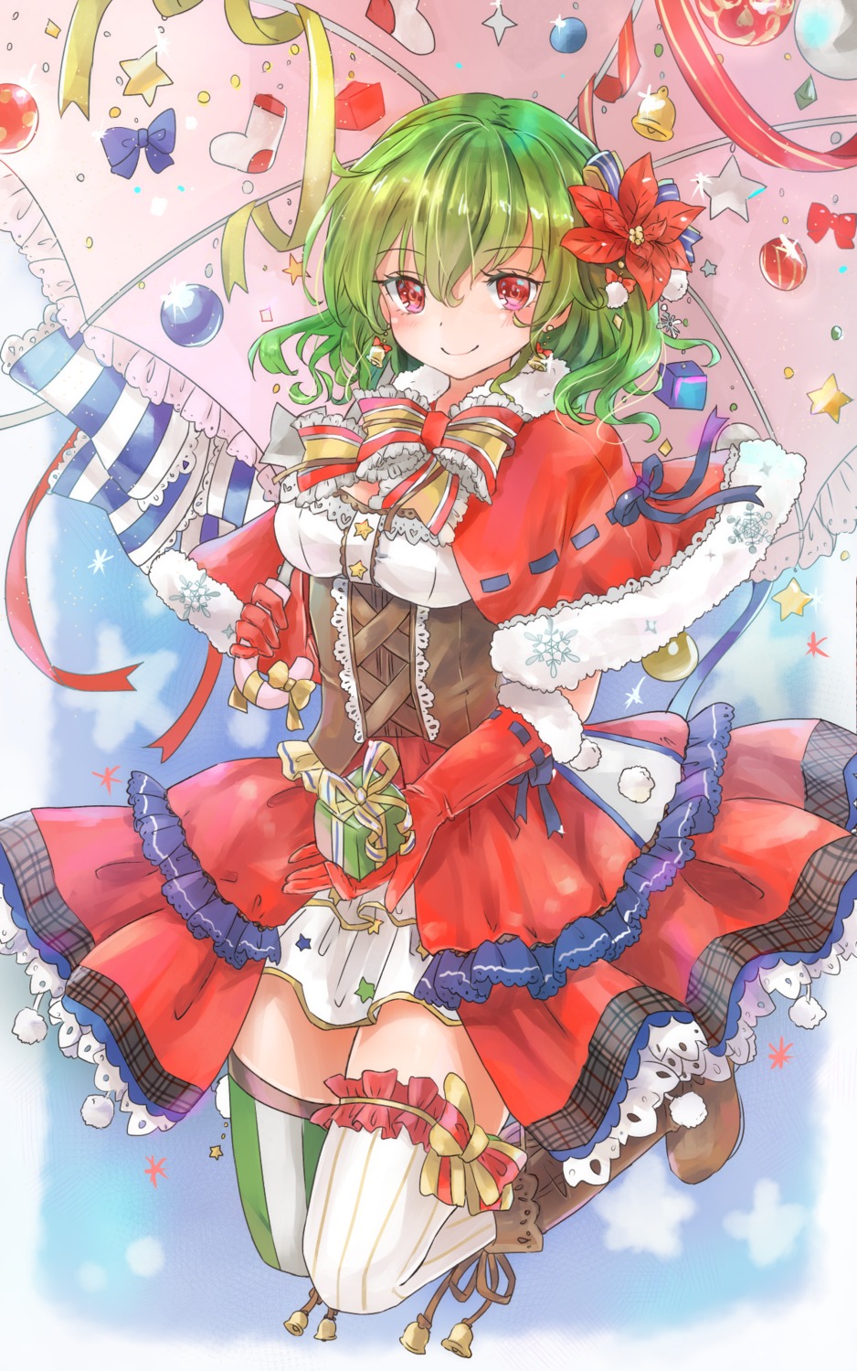 christmas, dress, garter, kazami_yuuka, shironeko_yuuki, thighhighs, touhou, umbrella