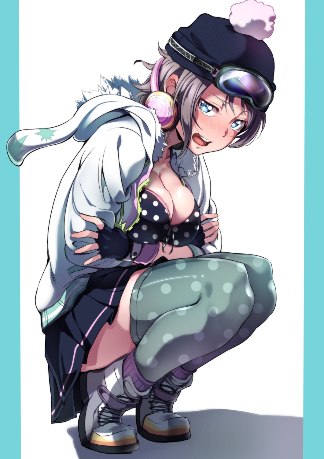 breast_hold, cleavage, headphones, love_live!_(series), love_live!_sunshine!!, thighhighs, watanabe_you, yuuki_(nijiiro_palette)