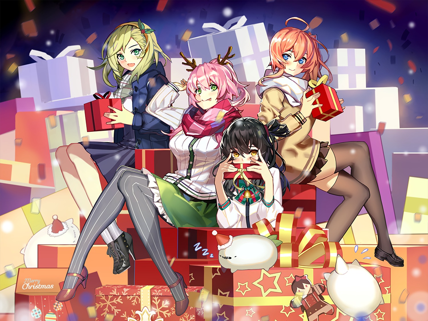 aoba_(zhanjianshaonv), christmas, heels, horns, mikuma_(zhanjianshaonv), miyazaki_byou, mogami_(zhanjianshaonv), pantyhose, seifuku, suzuya_(zhanjianshaonv), thighhighs, zhanjianshaonv