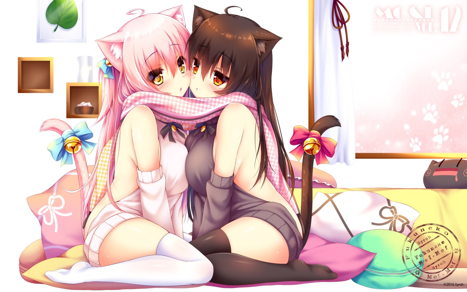 animal_ears, mia_flatpaddy, nekomimi, no_bra, shia_flatpaddy, sweater, syroh, tail, thighhighs, wallpaper