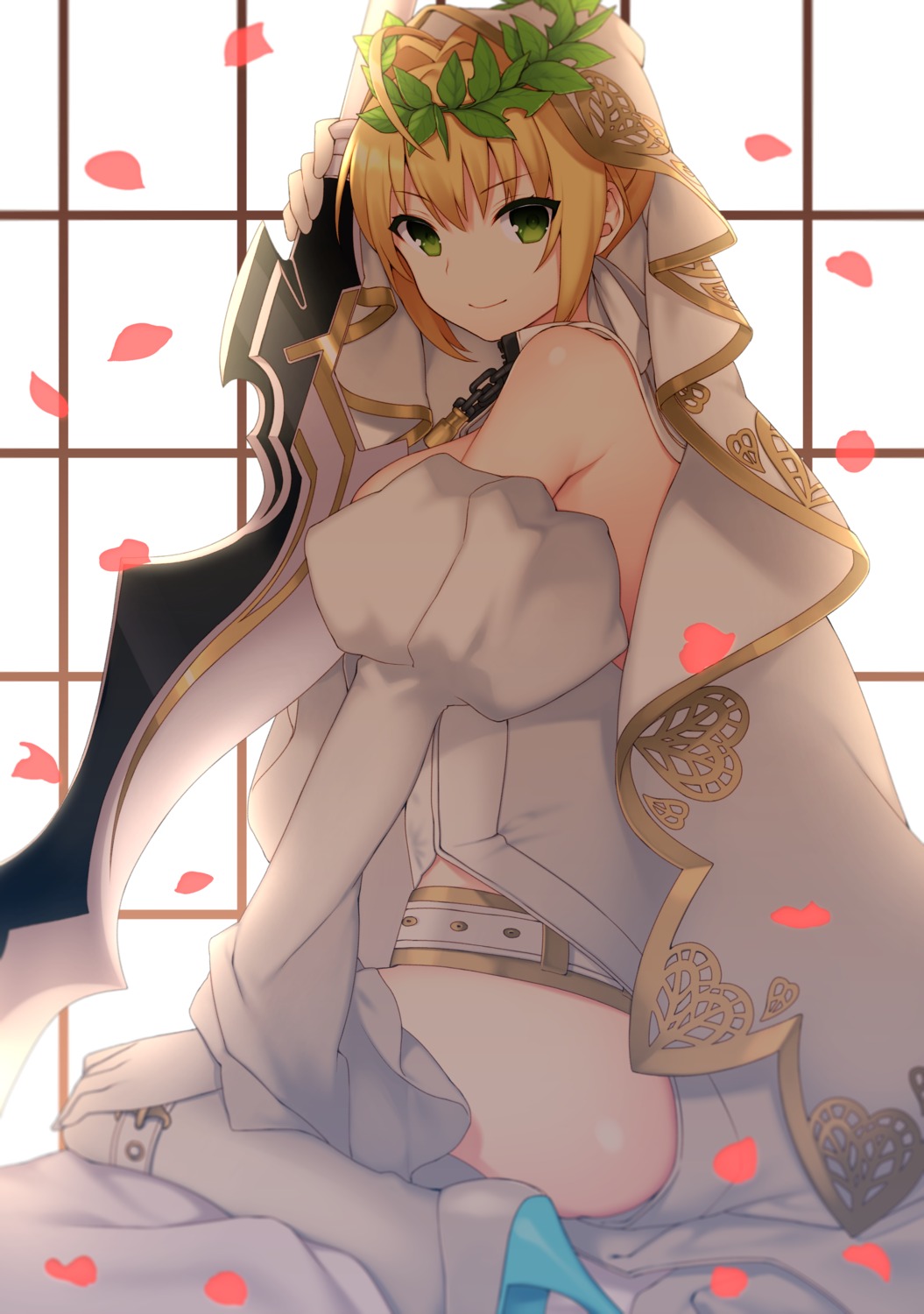 dress, fate/grand_order, heels, lio_(rumei2265874644), nero_claudius_(fate), open_shirt, sword, thighhighs