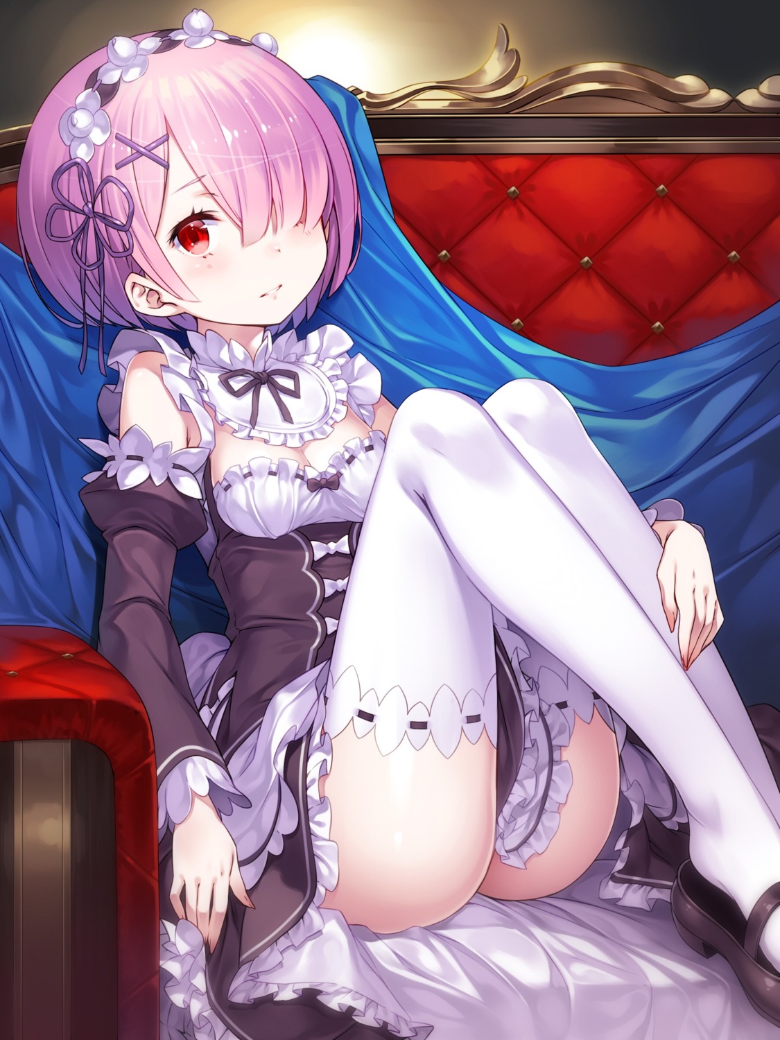 cleavage, lasa_(lasa1116), maid, ram_(re_zero), re:zero_kara_hajimeru_isekai_seikatsu, thighhighs