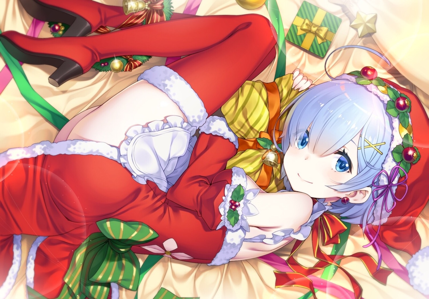 christmas, heels, lasa_(lasa1116), maid, re:zero_kara_hajimeru_isekai_seikatsu, rem_(re_zero), thighhighs