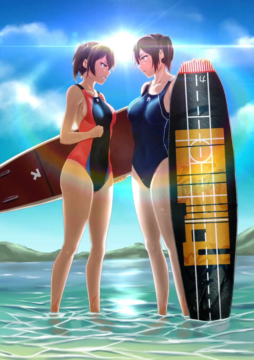 kaga_(kancolle), kantai_collection, parsue, swimsuits, wet, zuikaku_(kancolle)