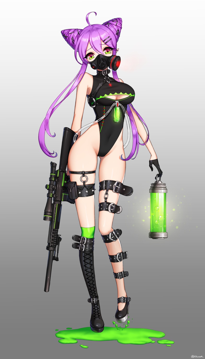 ango, cleavage, gun, heels, leotard
