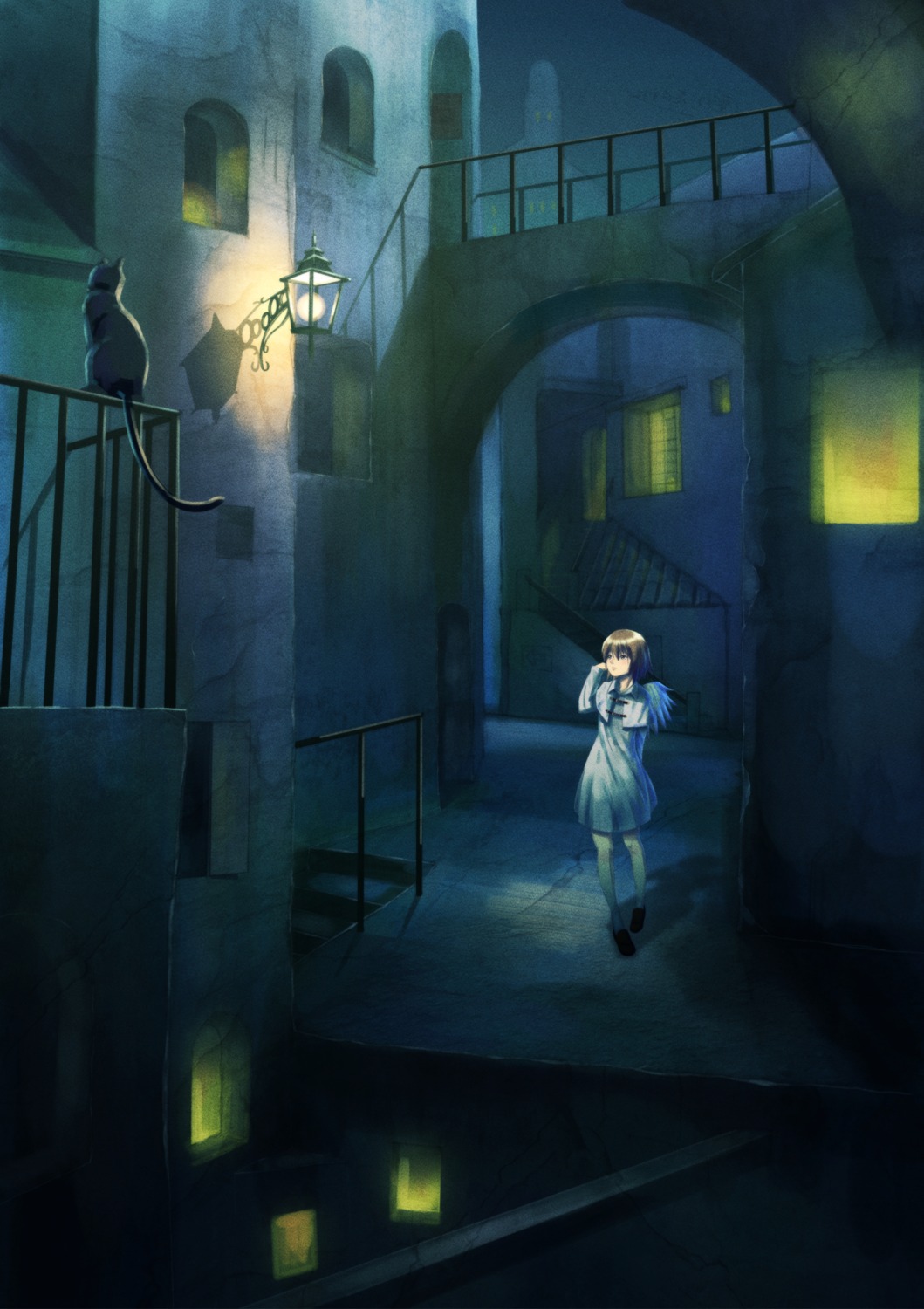 dress, haibane_renmei, landscape, neko, rakka, waka_(artist), wings