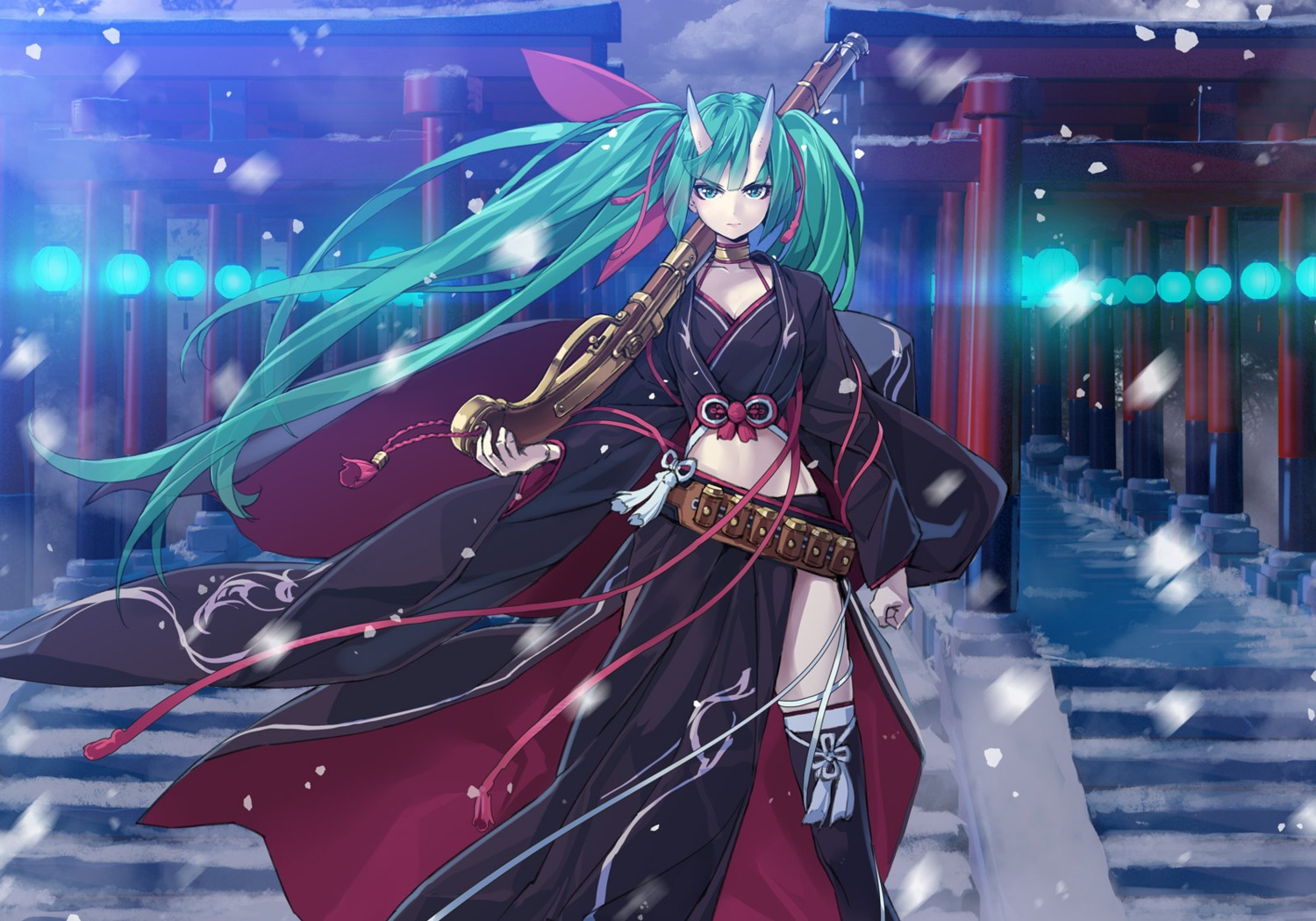 cleavage, gun, hatsune_miku, horns, japanese_clothes, thighhighs, vocaloid, yahako