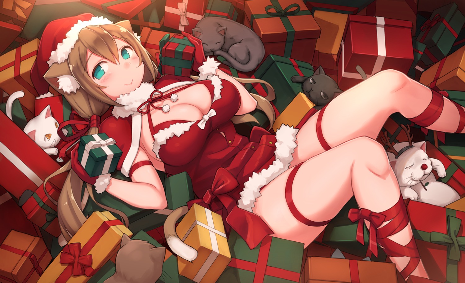 animal_ears, christmas, cleavage, dress, garter, nekomimi, tail, zenn