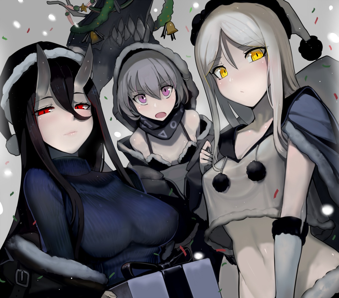 battleship-symbiotic_hime, bikini_top, christmas, cleavage, erect_nipples, horns, kantai_collection, open_shirt