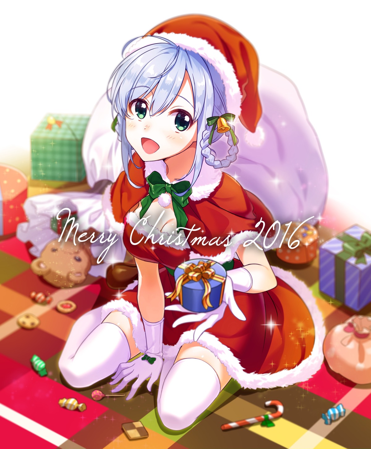 christmas, cleavage, dress, shiitake, thighhighs