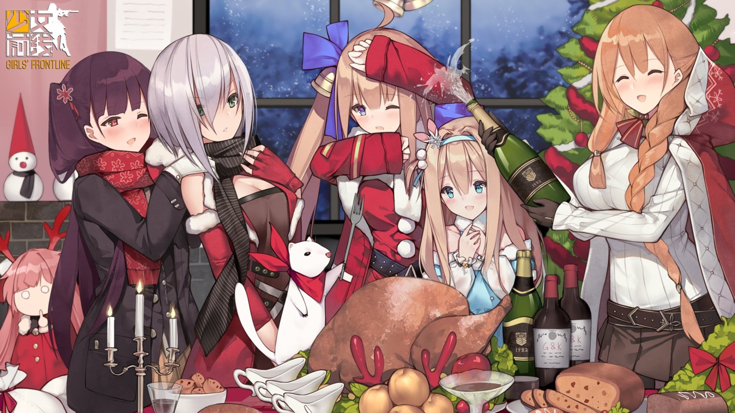 christmas, cleavage, dress, fal_(girls_frontline), girls_frontline, horns, mg5_(girls_frontline), ntw-20_(girls_frontline)
