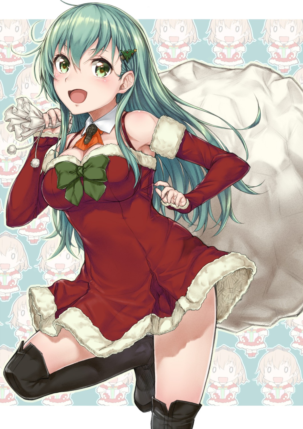 chibi, christmas, cleavage, dress, kantai_collection, komase_(jkp423), kumano_(kancolle), suzuya_(kancolle), thighhighs