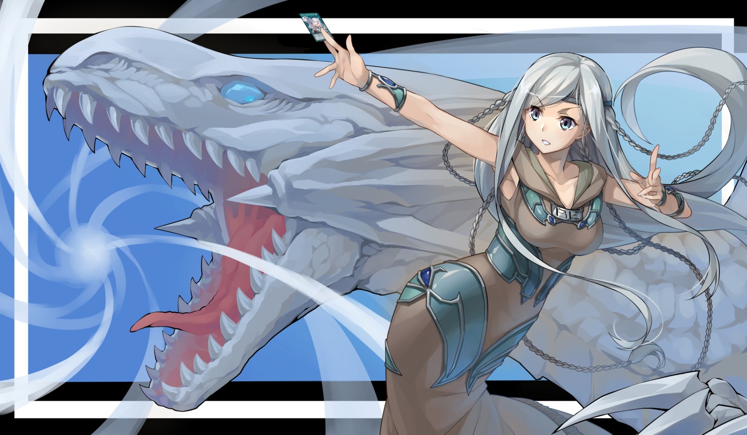 blue_eyes_white_dragon, dress, frostcyco, maiden_with_eyes_of_blue, monster, yugioh