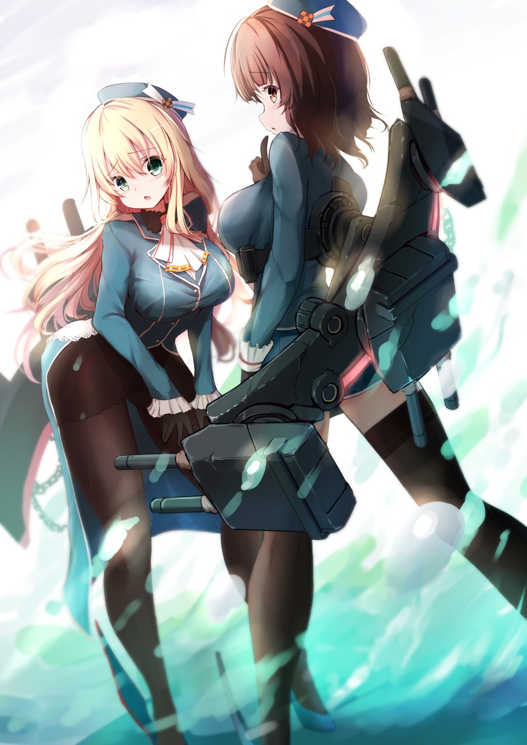 atago_(kancolle), heels, kantai_collection, pantyhose, takao_(kancolle), thighhighs, uniform, weapon