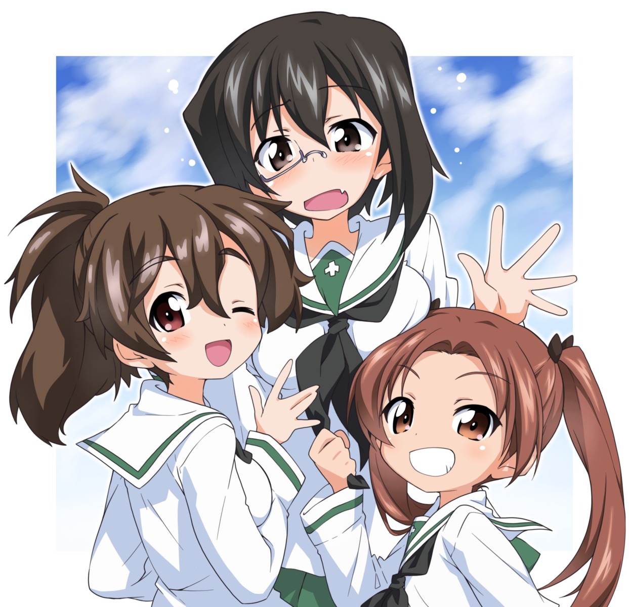 girls_und_panzer, kadotani_anzu, kawashima_momo, koyama_yuzu, megane, seifuku, take_shinobu