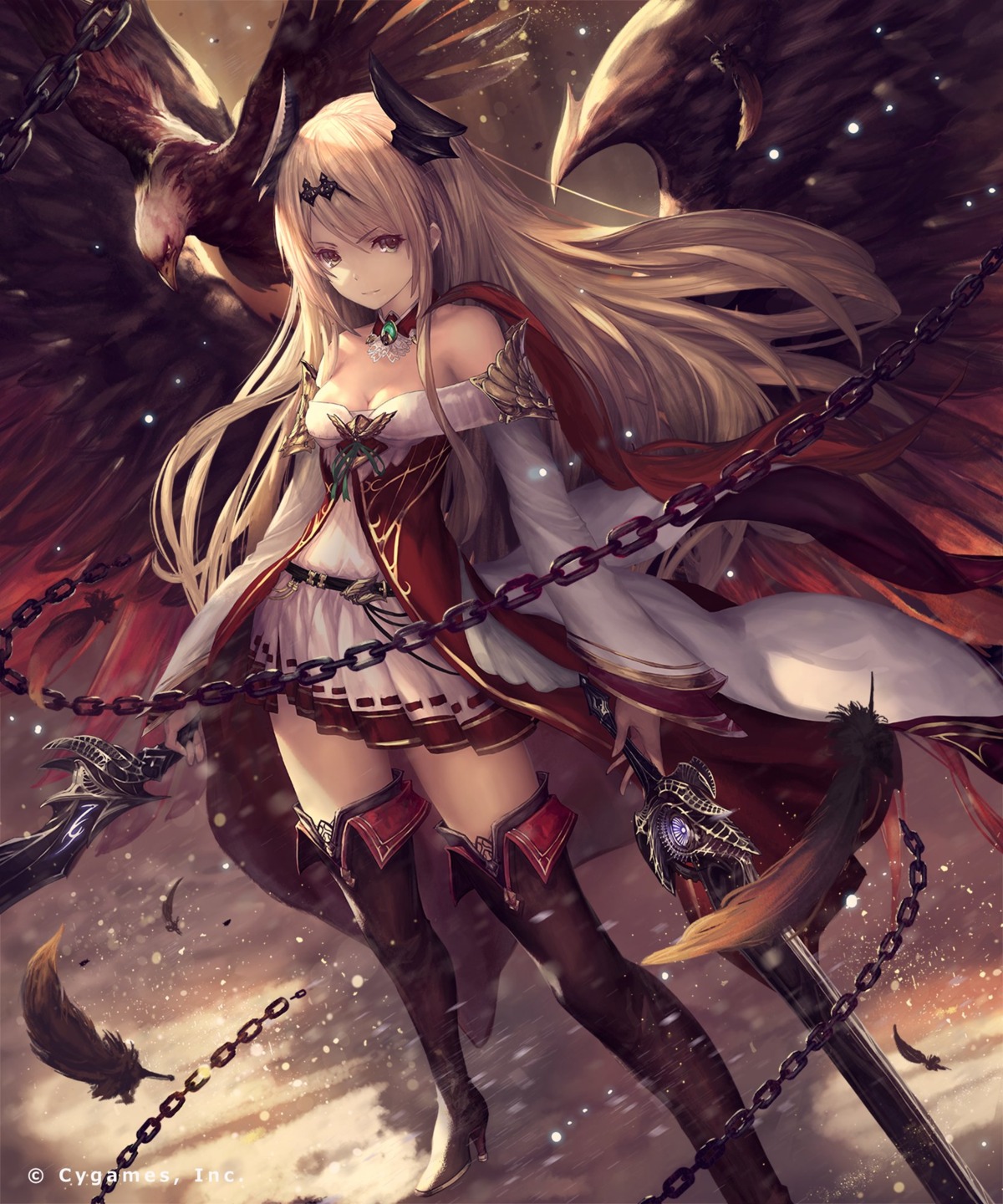 cleavage, dark_angel_olivia, dress, granblue_fantasy, heels, horns, shingeki_no_bahamut, sword