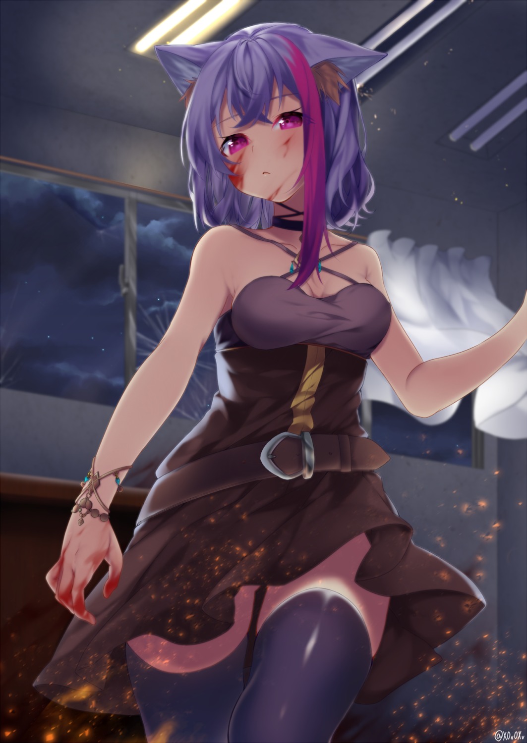 animal_ears, blood, cleavage, dress, miyakura_shiiha, thighhighs