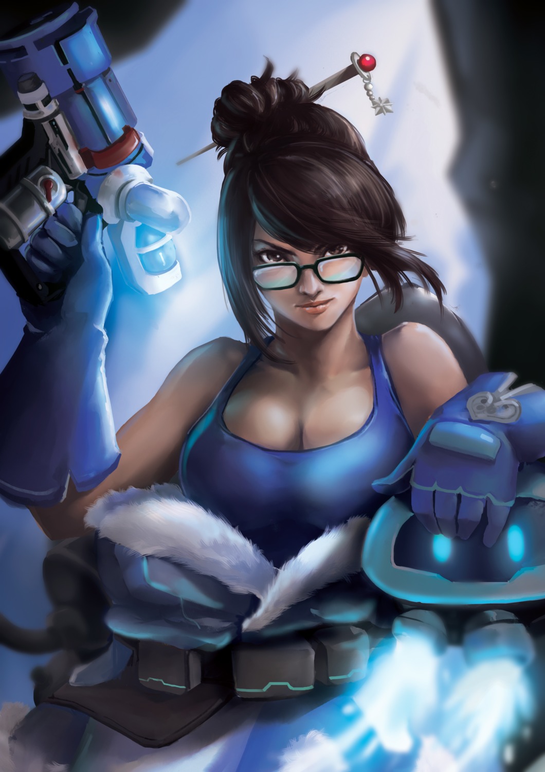 chua_wei_chong, cleavage, gun, megane, mei_(overwatch), open_shirt, overwatch, snowball_(overwatch)