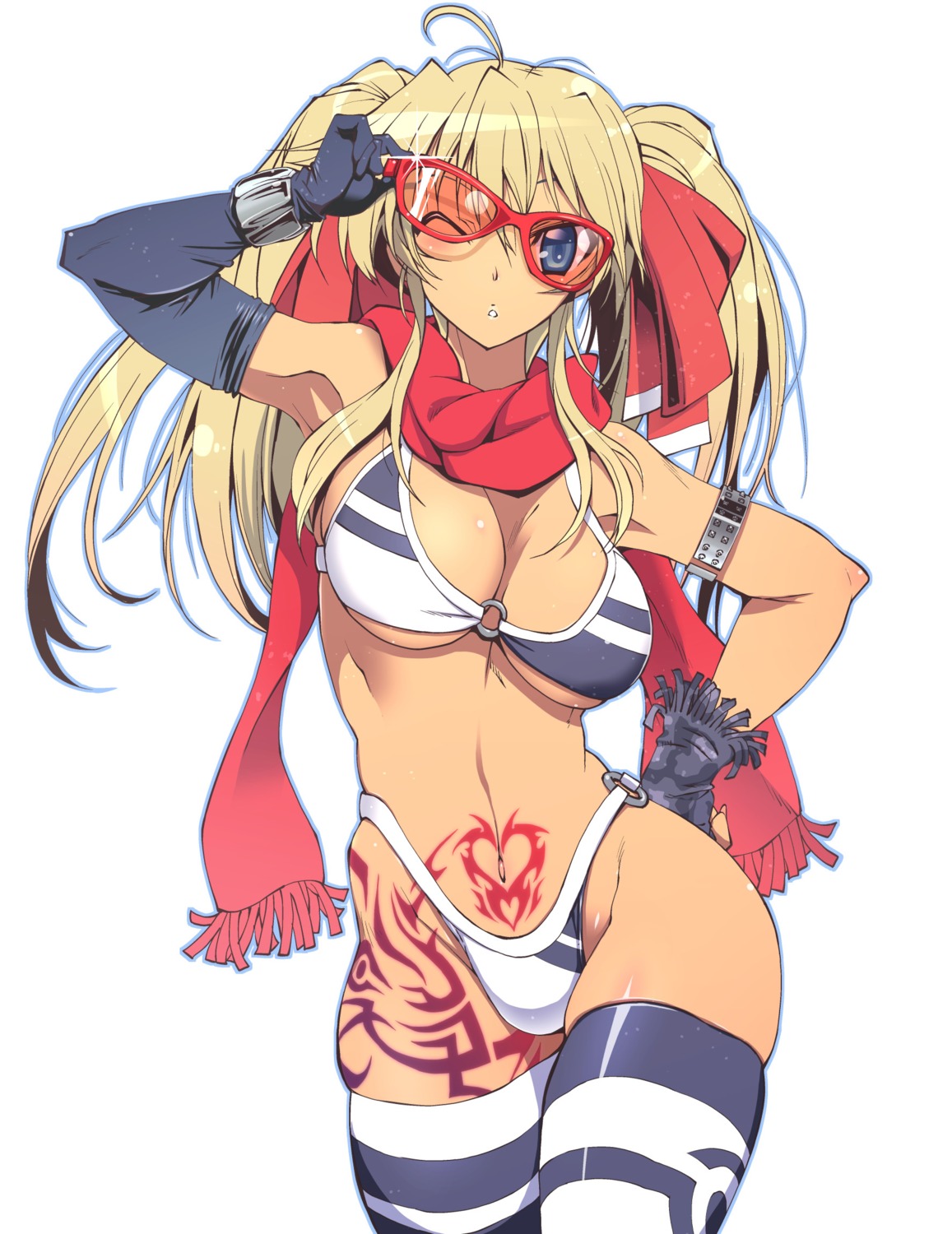 bikini, cleavage, megane, rakko, swimsuits, tattoo, thighhighs, underboob