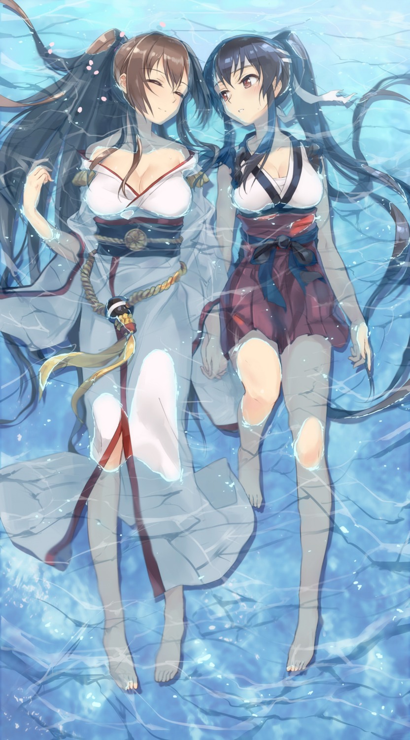 cleavage, kantai_collection, kimono, kisetsu, open_shirt, sarashi, wet, yahagi_(kancolle), yamato_(kancolle)